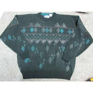 Vintage Hipster 80s GABRIELLE Sweater Mens XXL Geometric w/ Leather Applique